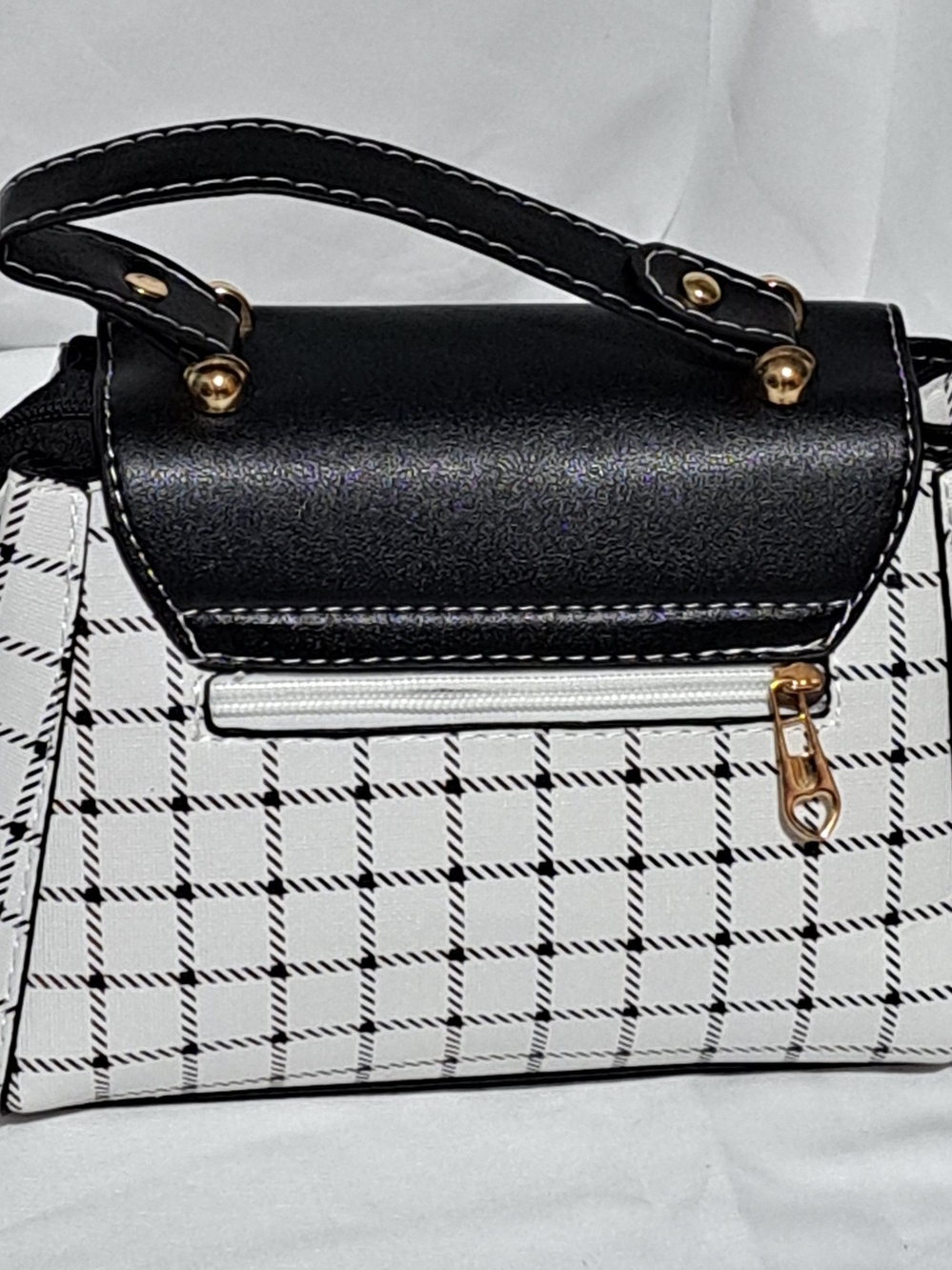 Plaid Black and White Top-Handle Satchel with Charm - Picture 11 of 16